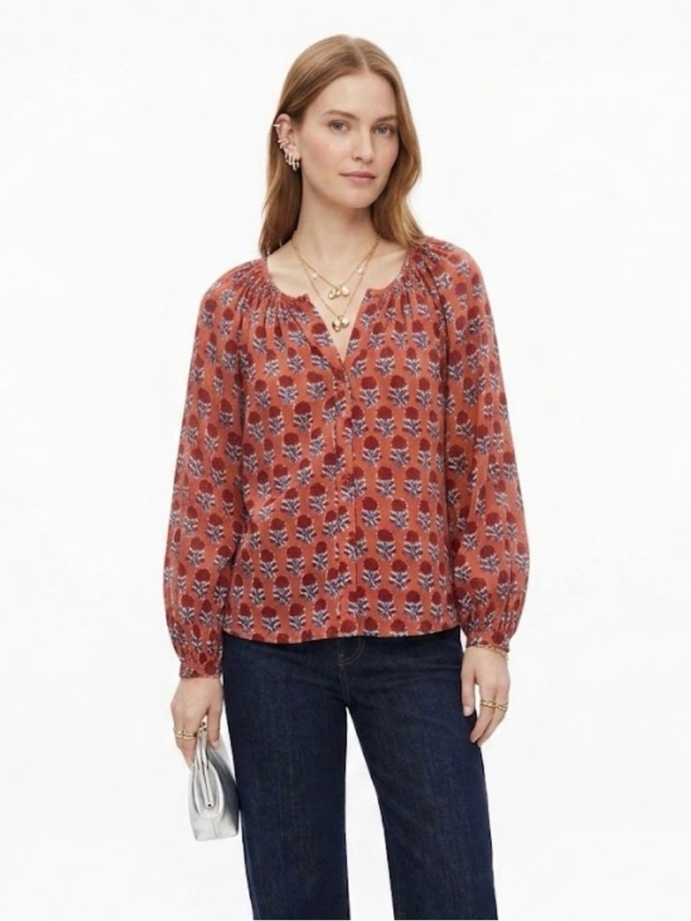 Emerson Fry India Collection Floral Block Print Boho Blouse Top